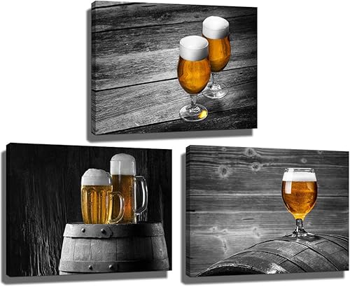 Derkymo Arte de pared en blanco y negro de 12 x 16 x 3 piezas, imágenes de cerveza impresas en lienzo, pintura de pared de cocina, decoración