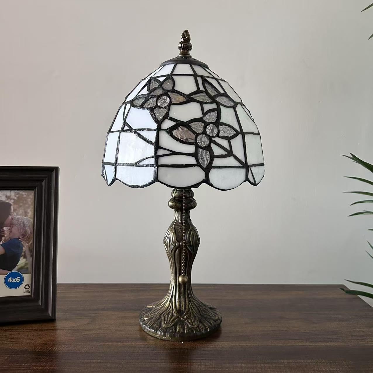 Tiffany Mini Table Lamp White Stained Glass Flowers LED Bulb Included for Bedroom Living Room 8" D*8" W*15" H