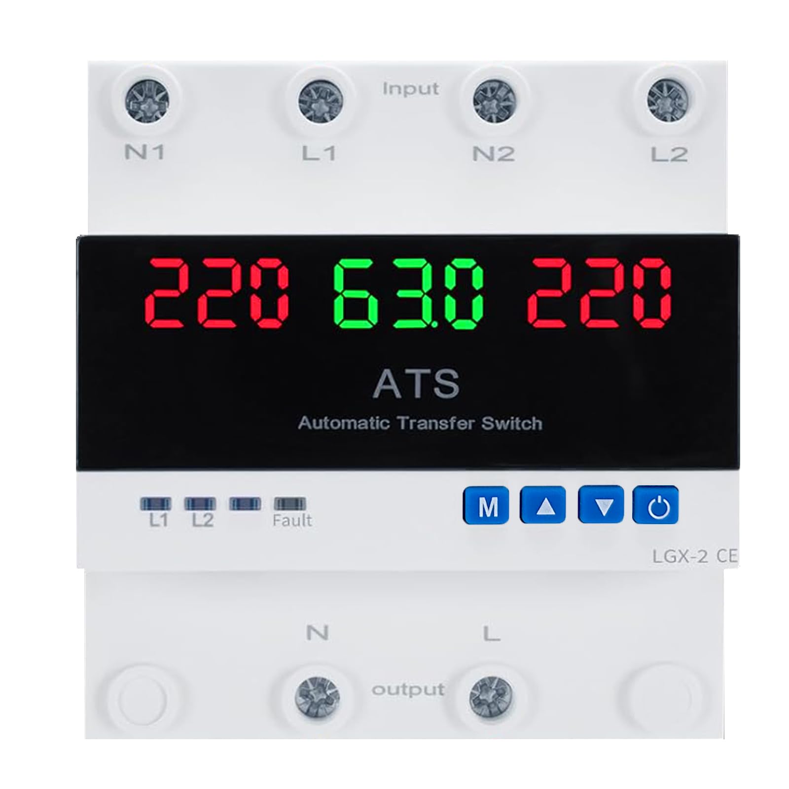 ATS 63A Monofase Automatico AC220V Commutatore Automatico di Trasferime Protezione Regolabile da Sovratensione e Sottotensione Display LED Inversione Automatica di Fase Montaggio su Guida DIN da 35 mm