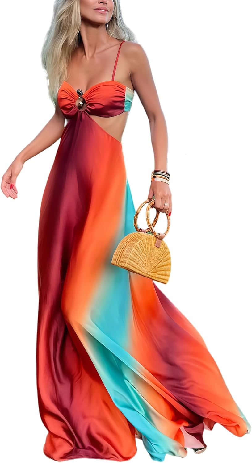 AIBEARTY Women's Sexy Tie Dye Off Shoulder Maxi Dress Gradient Cut Out Strapless Flowy Sundress Beach Long Dresses