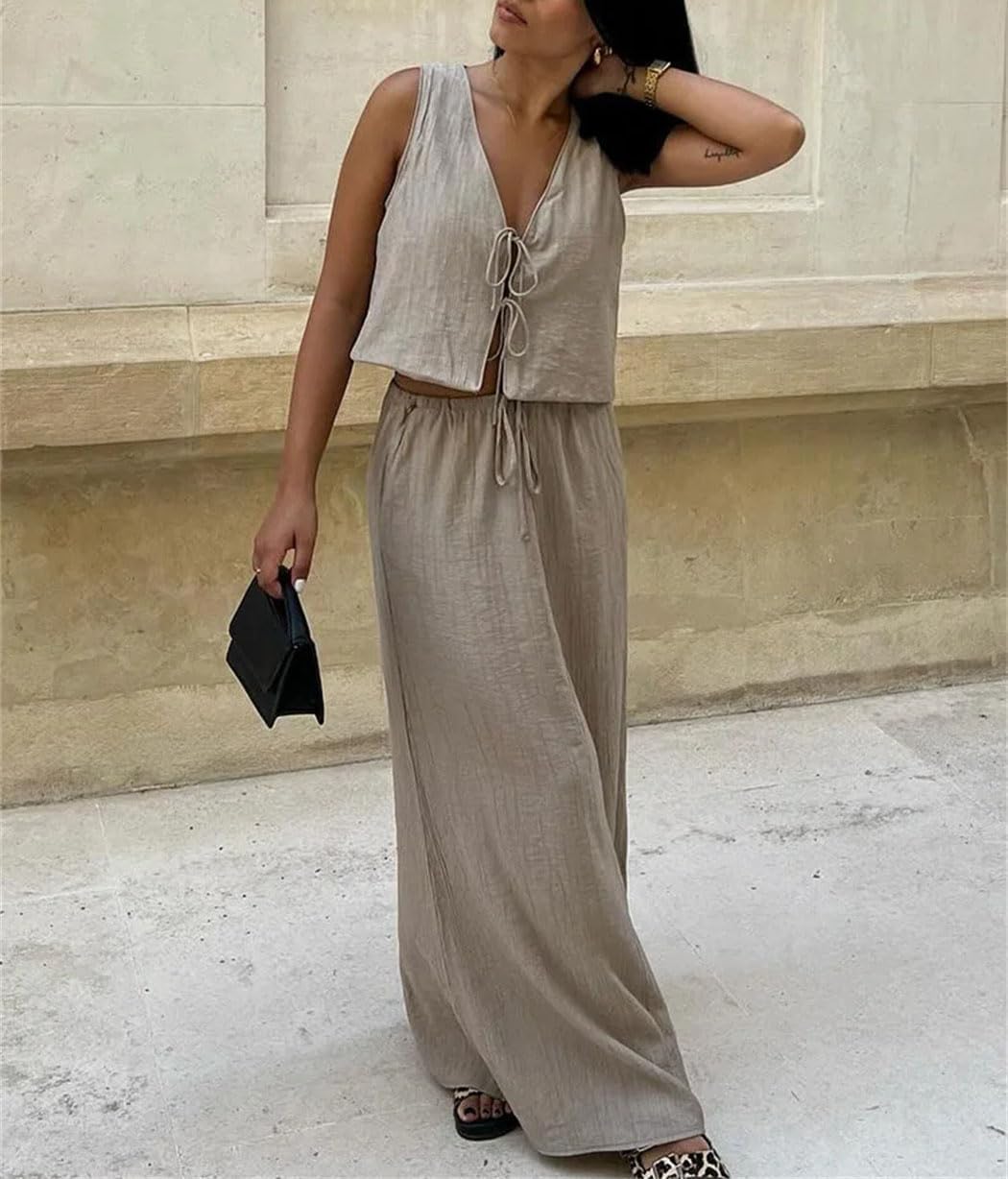 Women's Summer Solid Skirt Set V-Neck Lace-Up Crop Vest Sleeveless Tops and Drawstring Long Skirt Casual Outfit