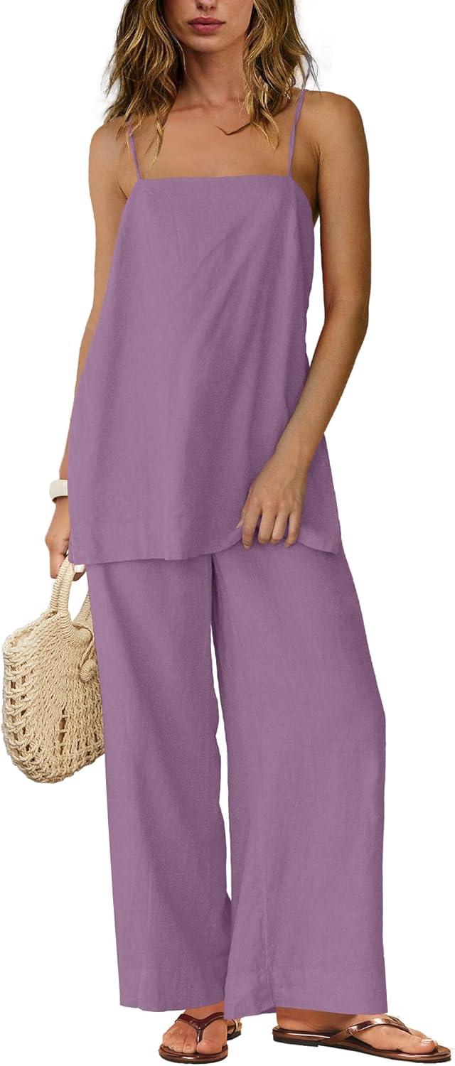 Yanekop Linen Sets for Women 2 Piece Pants Summer Outfits Matching Lounge Sets Spaghetti Strap Tank Top Pants Sets