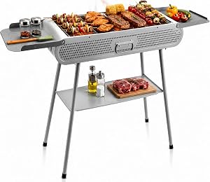 Cuisiland 48" Portable Charcoal Grill with Folding Legs & Side Tables, Retro Speaker Style BBQ Grill, Chrome-Plated Grate, Compact Foldable Outdoor Grill for Camping, Backyard, Patio & Picnic