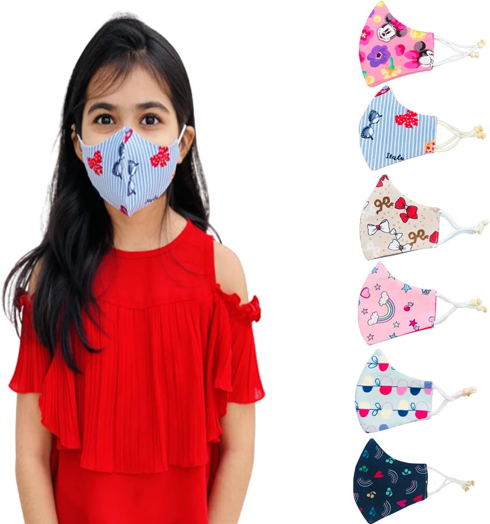 3 Layer Kids Face Mask With Adjustor โ Reusable & washable Cotton Kids Mask For 3-7 OR 7-12Years Old Boys & Girls โ Designer Mask For Children (PACK OF 6)