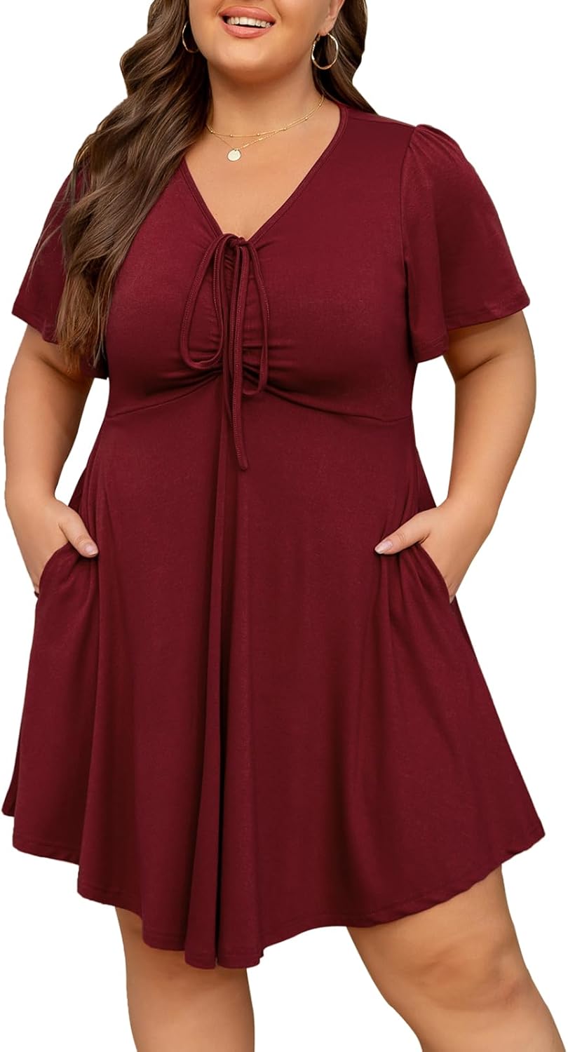 Women's Plus Size Dresses Casual Flowy Dress with Pocket Short Ruffle Sleeve V Neck Drawstring Bow Summer