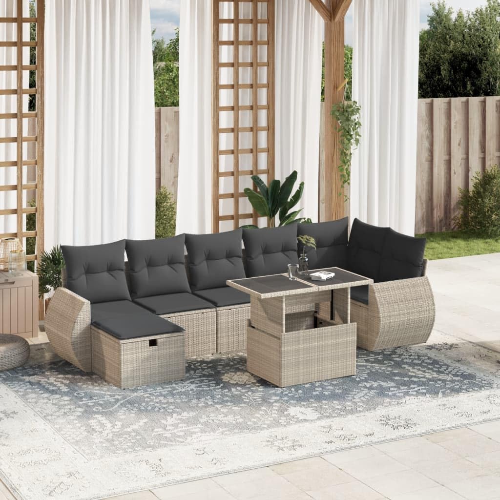 Set di divani da giardino da 8 pezzi, grigio chiaro, con cuscini, in polyrattan intrecciato, resistente alle intemperie, set modulare per terrazza, balcone, giardino, include tavolo, divano