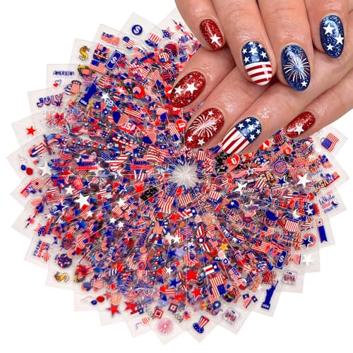 30 Sheets 4th of July Nail Art Stickers Independence Day Patriotic Nail Decals 3D Self-Adhesive Balloon Heart Designs American Flag Nail Decorations for Women Girls Manicure