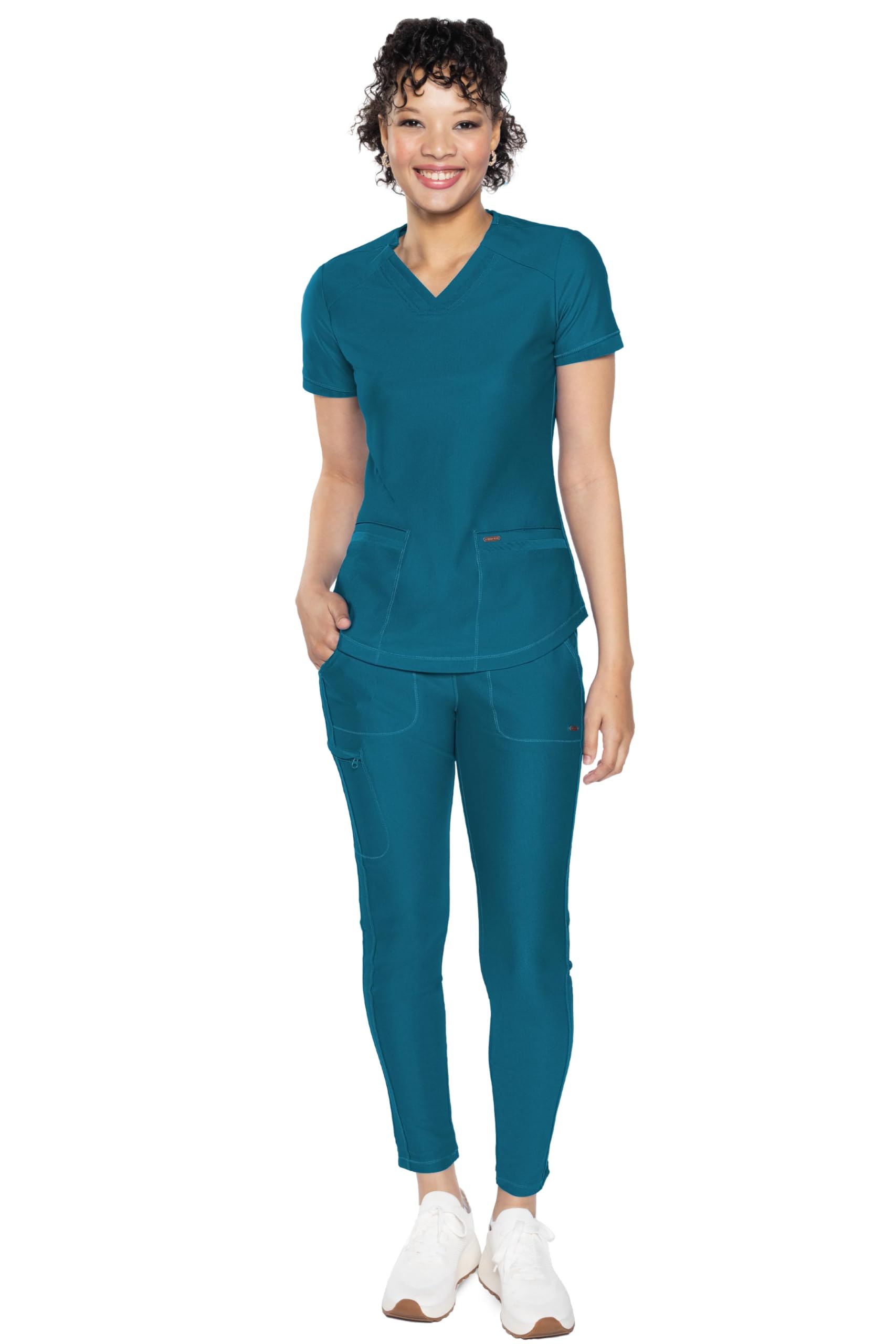 Cherokee CK840 - Conjunto de ropa quirúrgica para mujer, 7 bolsillos, cuello en V, dobladillo curvado CK840 y pantalón de pierna cónica de tiro medio con cordón CK095, azul caribeño, camiseta 2XL /