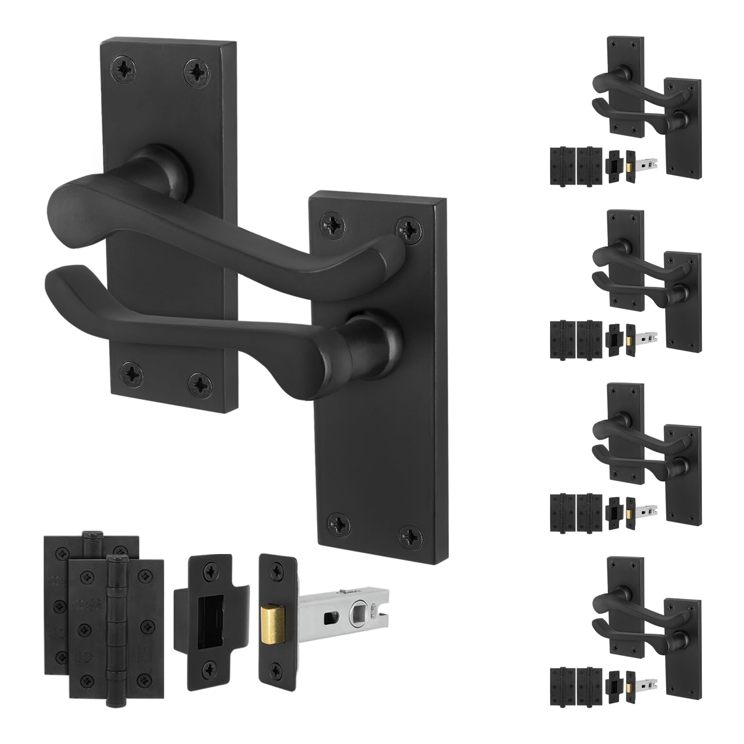 Eai Matt Black Black Victorian Scroll Latch Handle Set, 5 Pairs Internal Lever Latch Handles On Backplate, Latch 64Mm And Hinges