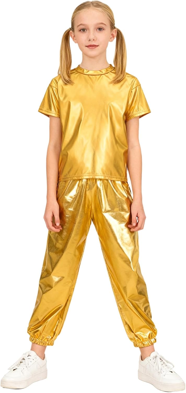 Boys Girls Modern Hip Hop Jazz Dance Outfit Kids Metallic Shiny Short Sleeve T-Shirt with Sparkly Jogger Pants