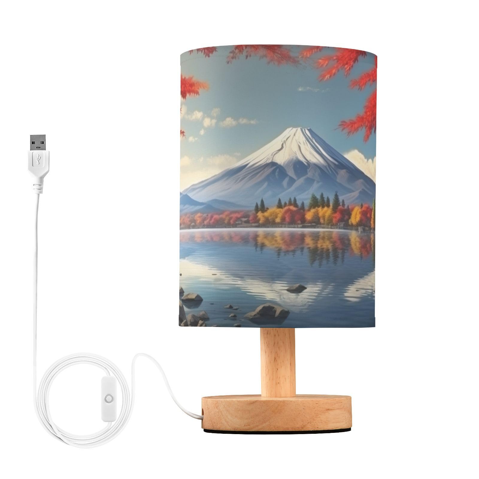 Mount Fuji Bedside Table Lamp for Bedroom USB Small Nightstand Lamp LED Desk Lamp with Fabric Shade for Living Room, Dorm, Home, Office