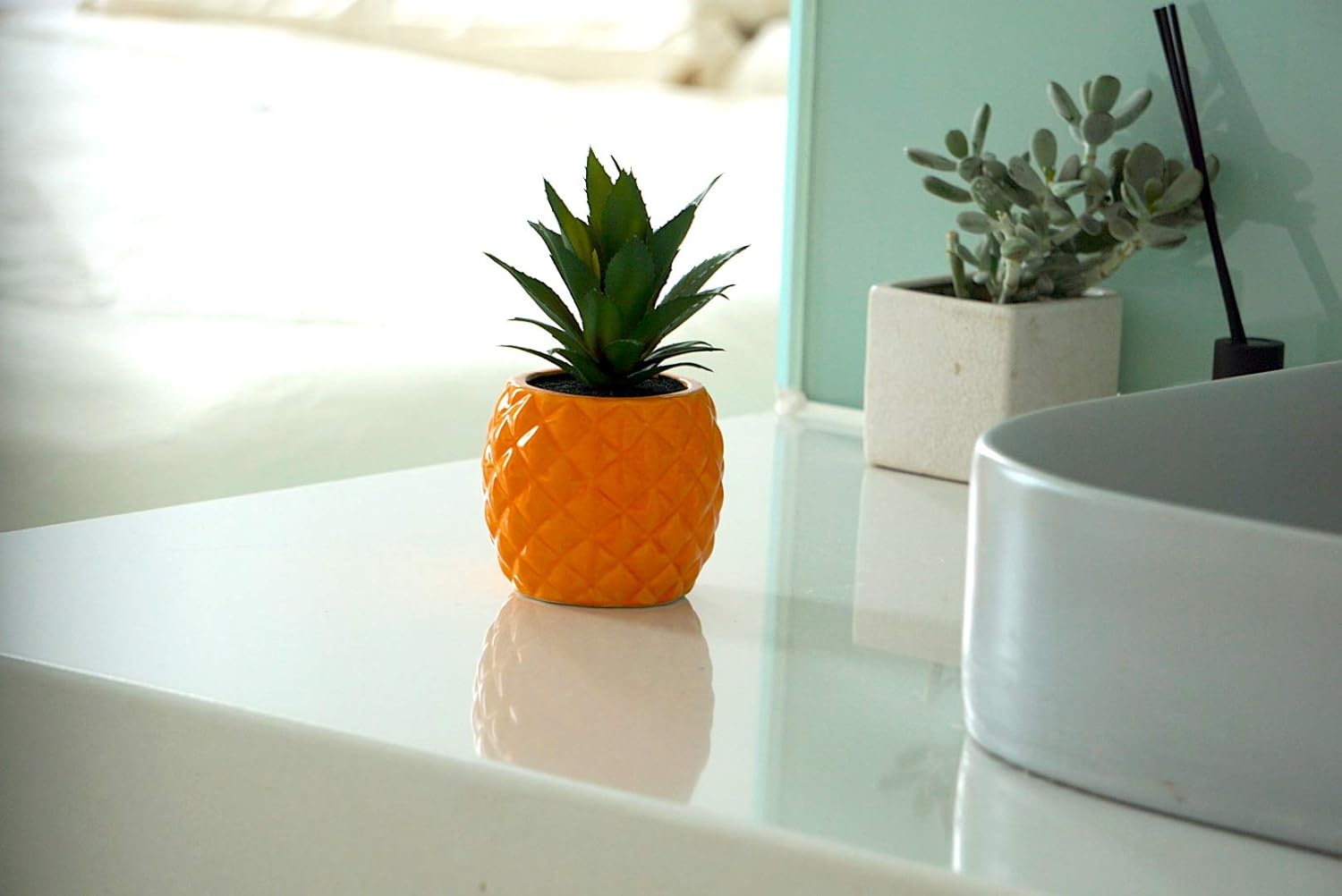Porcelain Orange Pineapple Ananas Faux Green Plant Potted Artificial Succulent 7.8" Home Office Bathroom Tabletop Kitchen Shelf Decoration - Image 4