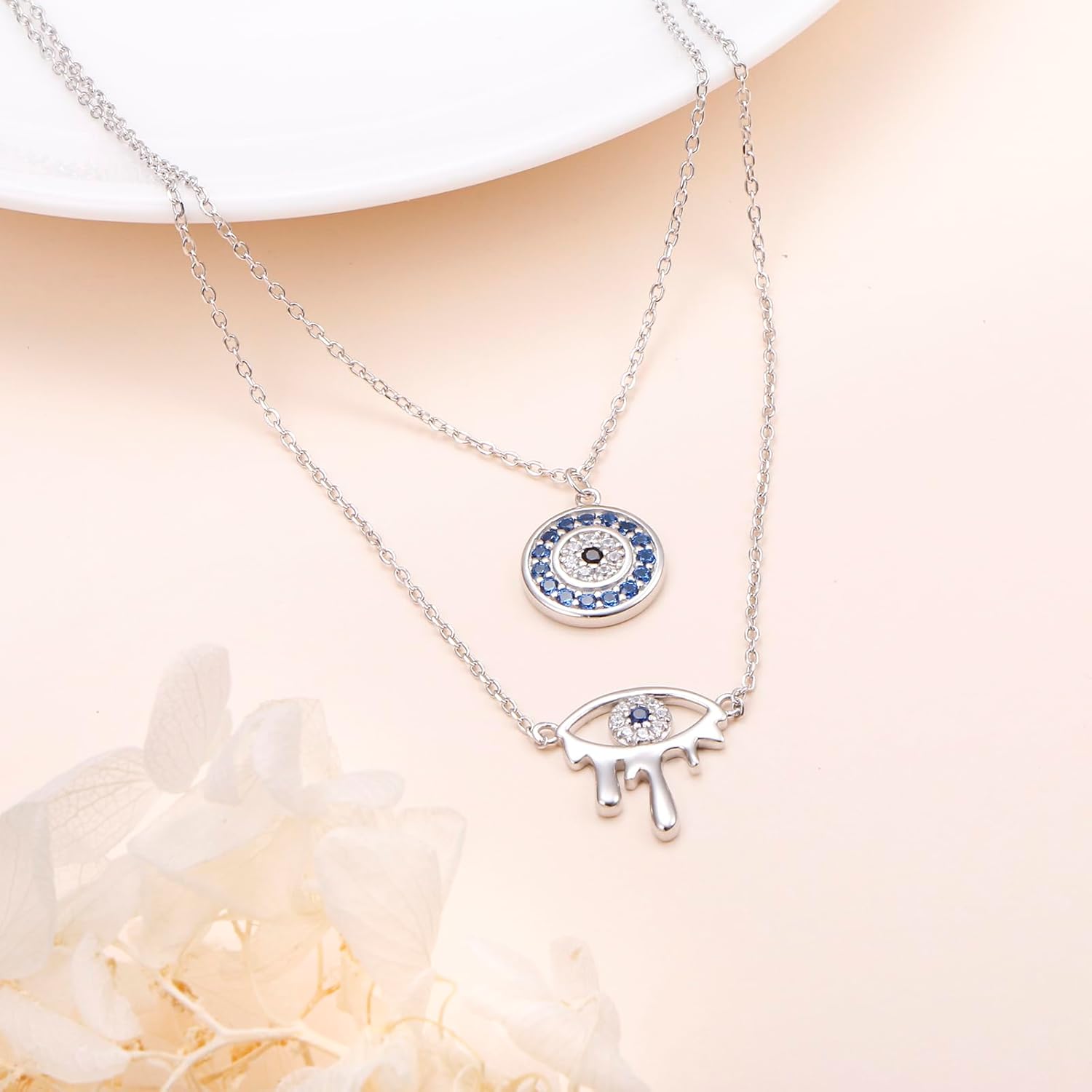 S925 Sterling Silver Evil Eye Hamsa Hand CZ Triple Layered Necklaces for Women - Image 3