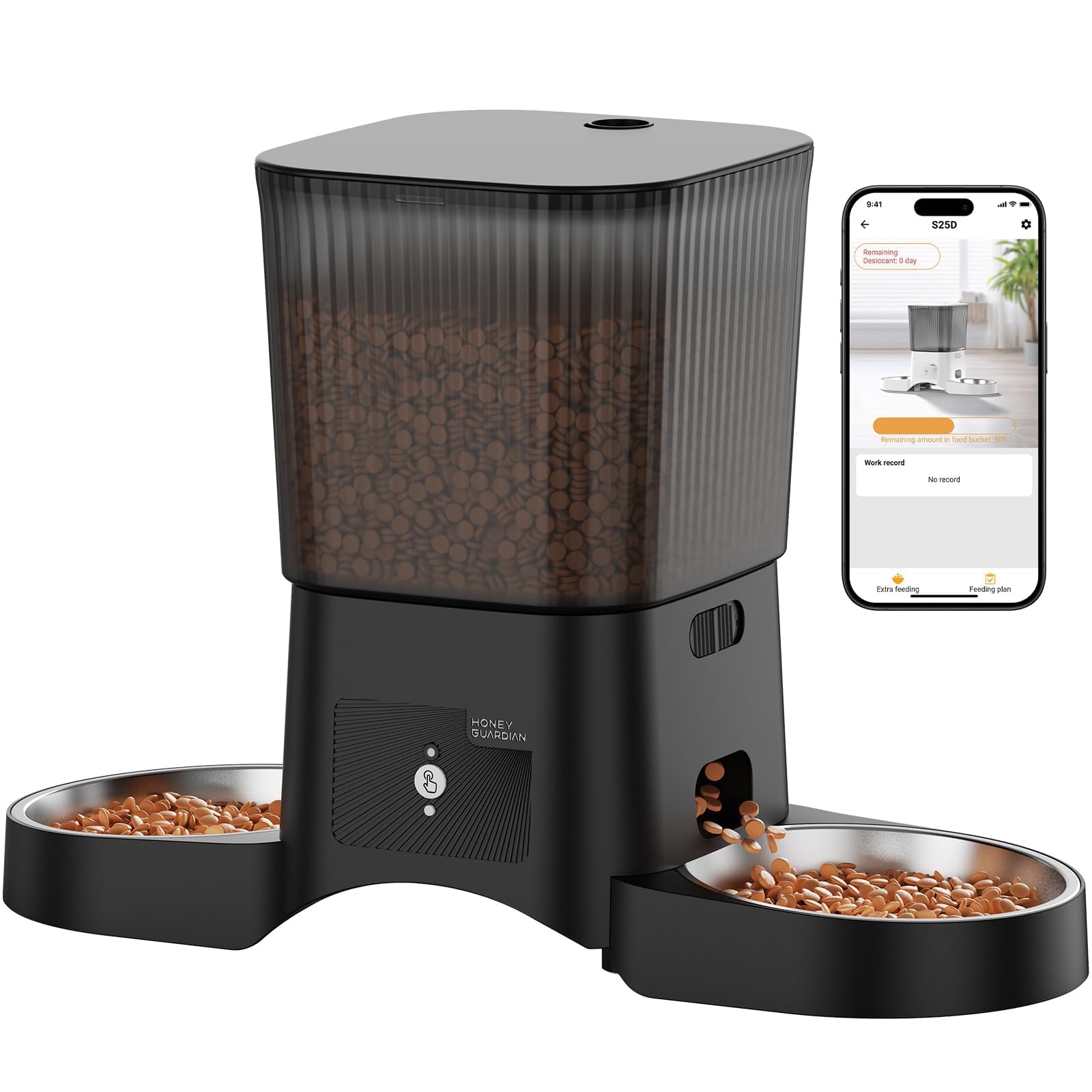 HoneyGuaridan 5G/2.4G WiFi Distributore Automatico Cibo Gatti con 2 Ciotole, Distributore Automatico Intelligente per Gatti e Cani, 4 Piedini Antiscivolo, Stabilità, 1-6 Pasti al Giorno (3.5L)