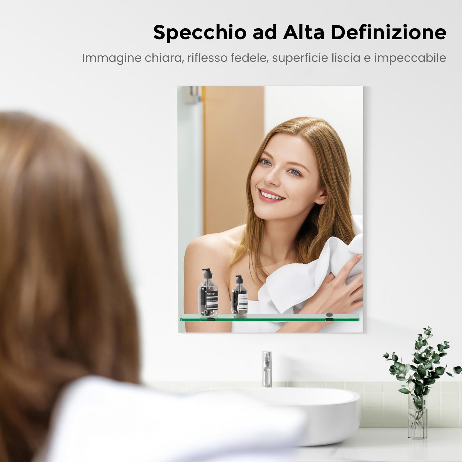 S'AFIELINA Specchio da bagno con ripiano 45x60 cm, specchio da parete con ripiano, Adatto a bagni, soggiorni, residenze studentesche, case per ospiti, ecc
