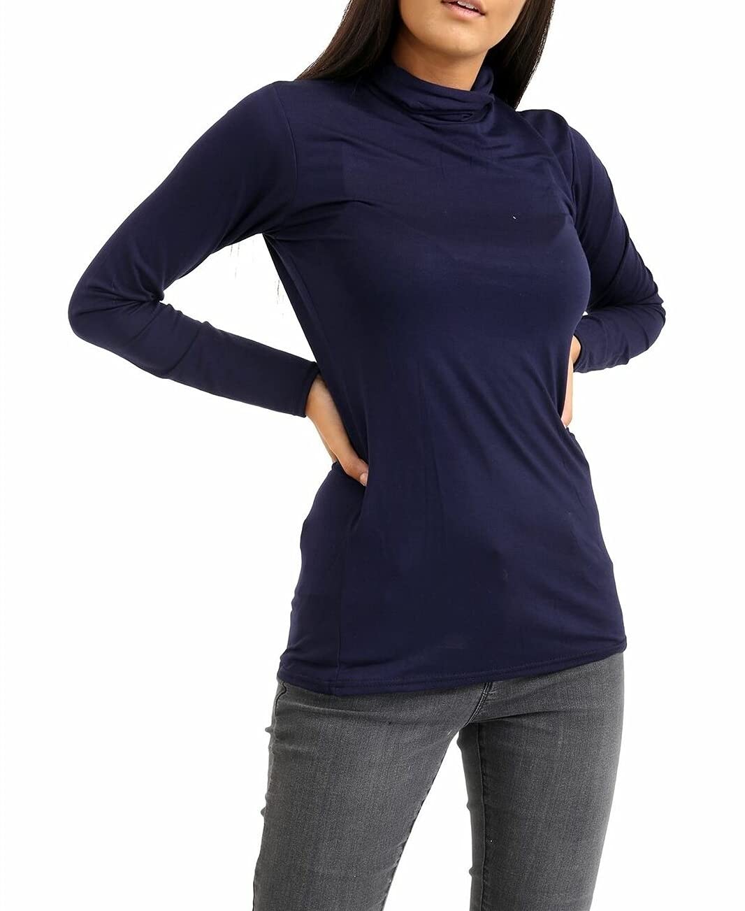 Ladies Women Basic Long Sleeve Plain Polo Turtle Neck Ladies Stretch Plus Size Top T Shirt (Navy, 3XL)
