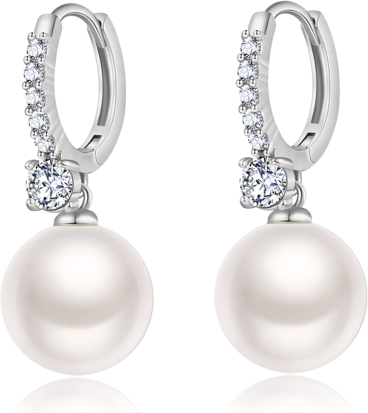 Small Pearl Earrings for Women 925 Sterling Silver Plated White Gold Dangle Drop Earrings Cubic Zirconia Pearl Drop Earrings