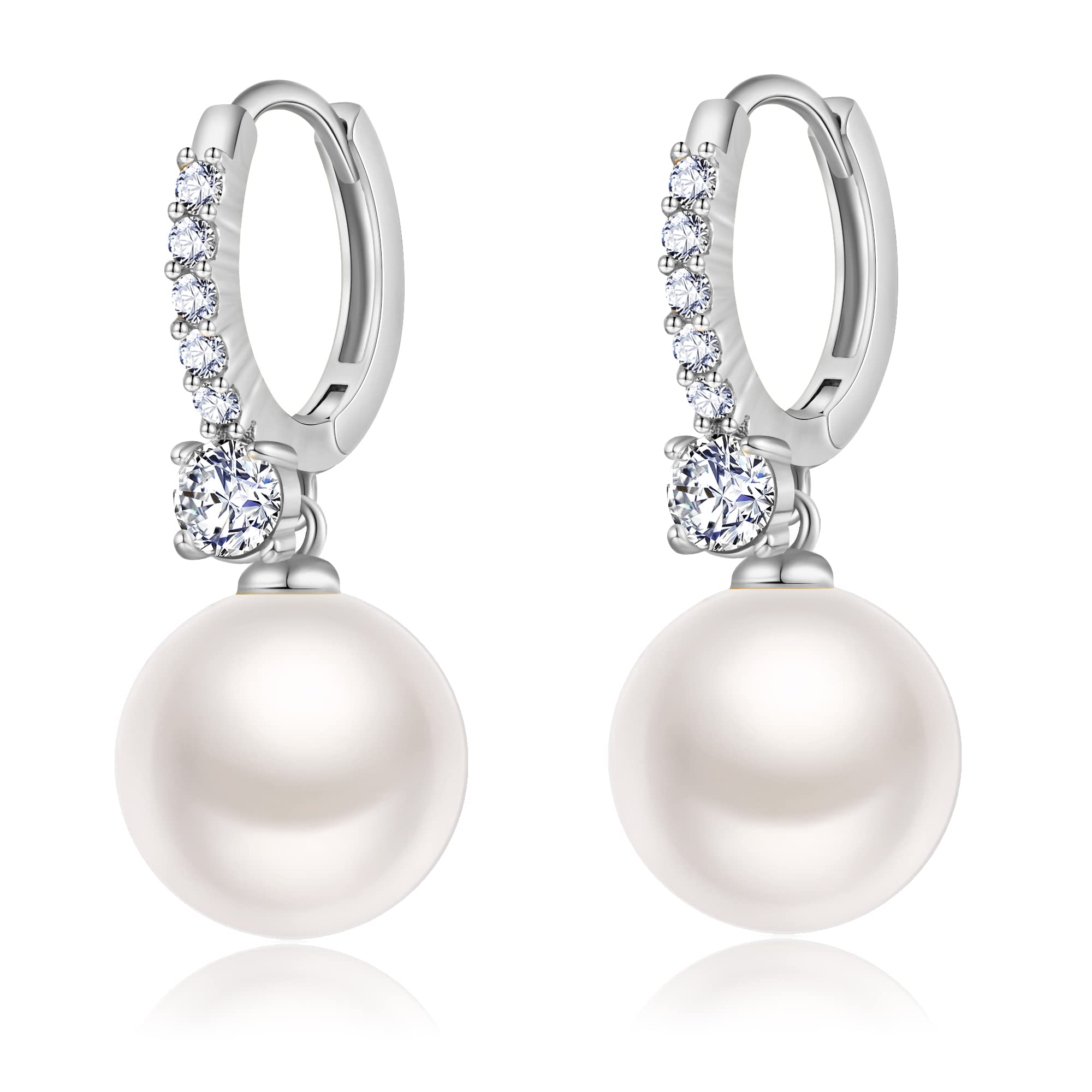RitachSmall Pearl Earrings for Women 925 Sterling Silver Plated White Gold Dangle Drop Earrings Cubic Zirconia Pearl Drop Earrings