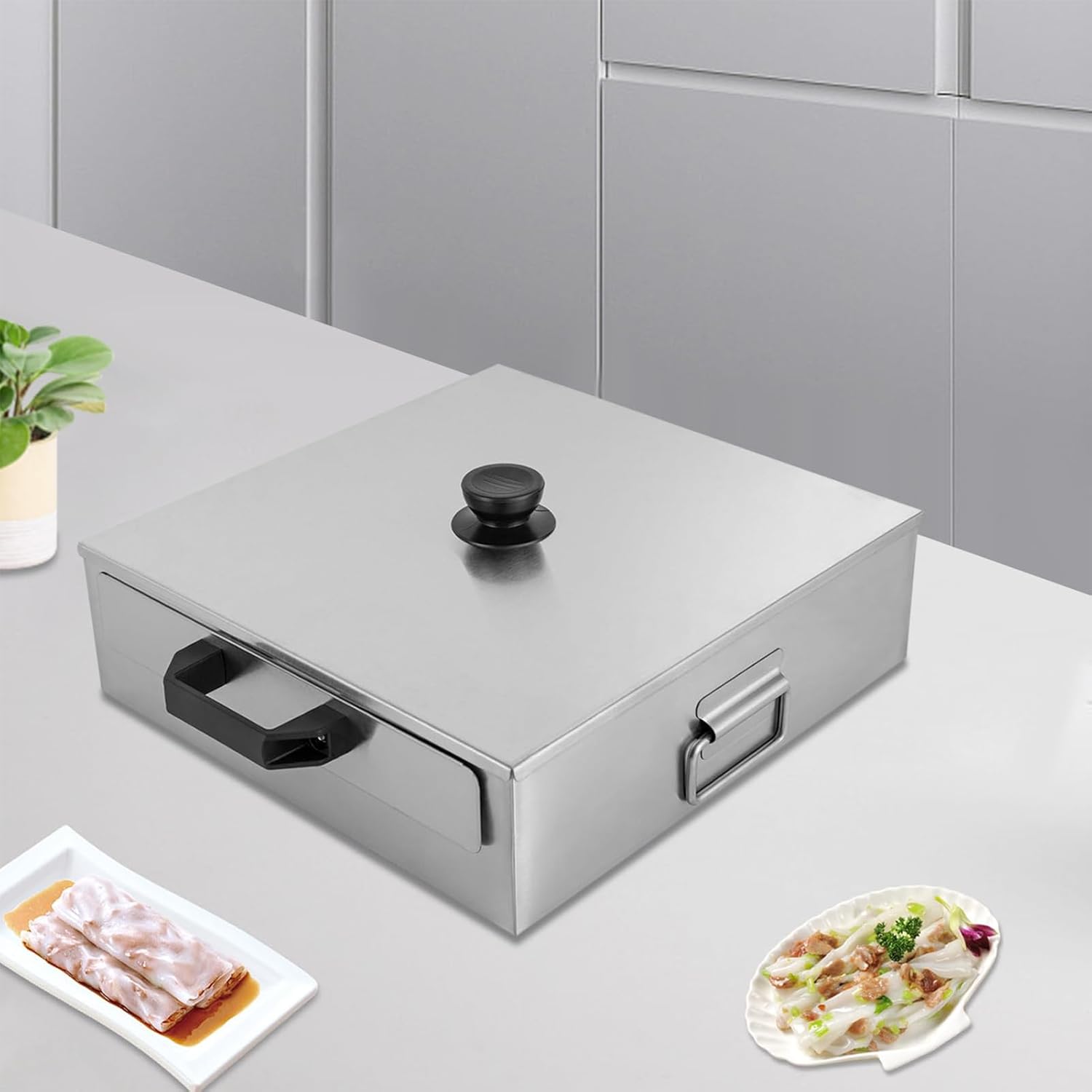Rice Noodle Rolls Steamer Machine, 13 x 12 x 4in Cantonese Food Steamer, 1-Layer 2 Drawers Stainless Steel Top Open Chinese Cantonese Changfen Cookware