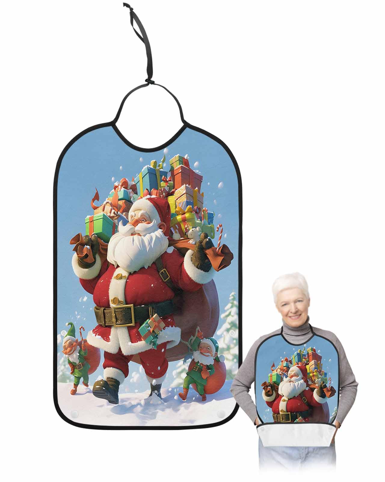 Red Santa Claus Adult Bib for Adults Men, Women, Christmas Tree Forest Snowy Xmas Tree Washable & Adjustable Terry Cloth Bib with Crumb Catcher Reusable Waterproof Clothing Clothes Protector Apron