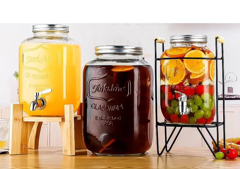Image of 1 Pc 5 LTR Glass Water Beverage Dispenser with Stand - Air Tight Lid Glass Pitcher for Detox Water - Mason Jar - Counter Table Top Juice Water Beer Dispenser for Home Restaurant Party