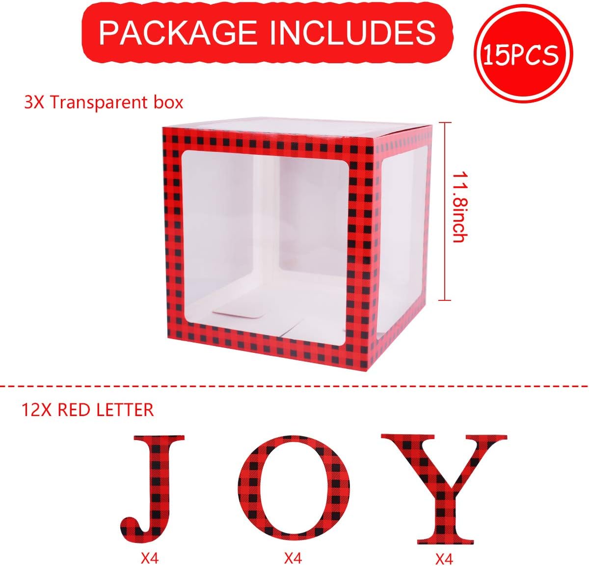 Staraise Christmas Decorations Red Black Plaid Joy Box, Large Transparent Christmas Joy Blocks Card Boxes Decorations for Christmas Party Home Decor, Holiday Party Decorations