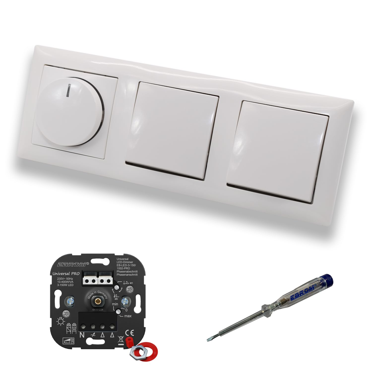 EBROM 1002 Universal PRO LED Drehdimmer Dimmer + Busch Jäger Dimmerscheibe 2115-914 und 2 x Lichtschalter 2000/6 US in Balance Si alpinweiß glänzend inklusive EBROM Phasenprüfer zur Montage der Geräte