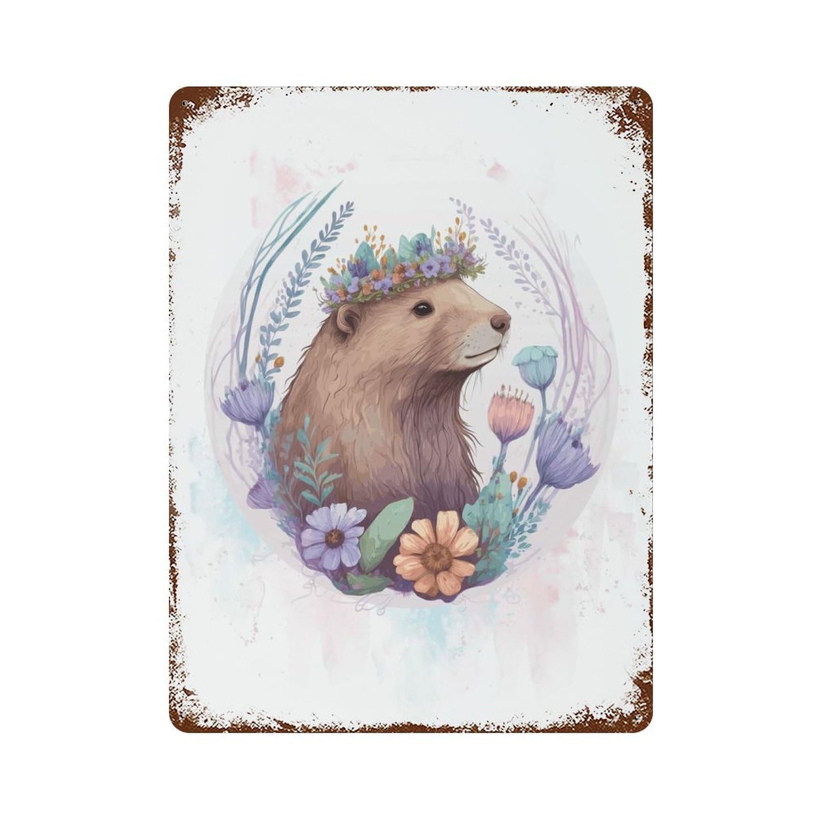 Floral Watercolor Beaver Retro Metal Sign 15.7"x11.8", Decorative Metal Wall Art for Garage, Bar And Workshop Decor