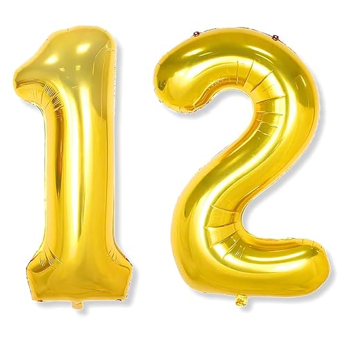 Flyloons 12 number Golden Foil Balloon 16 inch Size Birthday Decoration Items Pack of 2 | 12th Year Balloons | Twelve