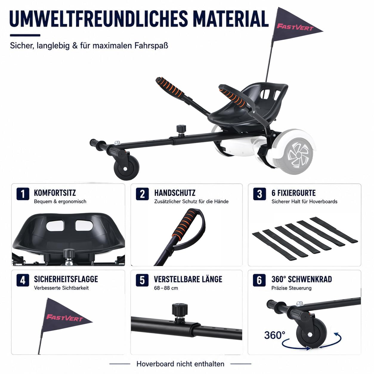 Umweltfreundlich Hoverboard Sitz mit Sicherheitsflagge | Kompatibel mit 6.5", 8", 8.5" & 10" Hoverboards, mit Handguards und robustem Stahlrahmen für mehr Sicherheit