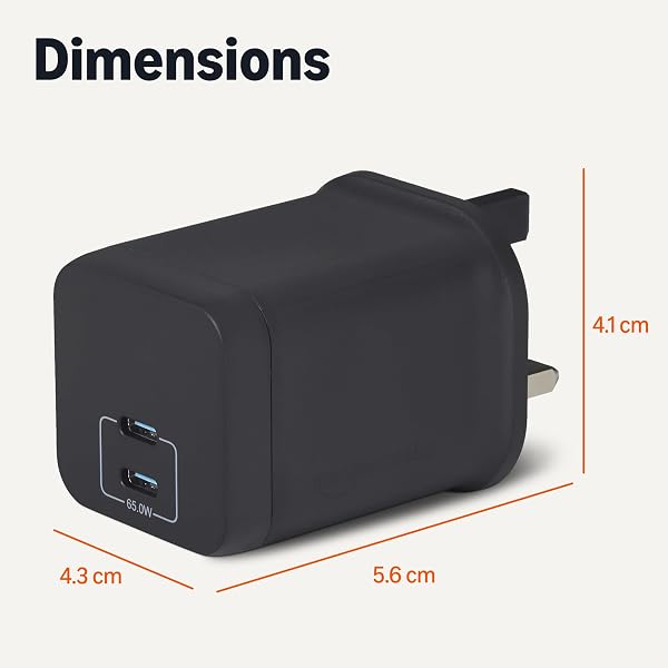 Amazon Basics Fast Charging USB C Nano GaN Wall Charger, 65W 2-Port for Laptops, Tablets, Phones, Black - 5