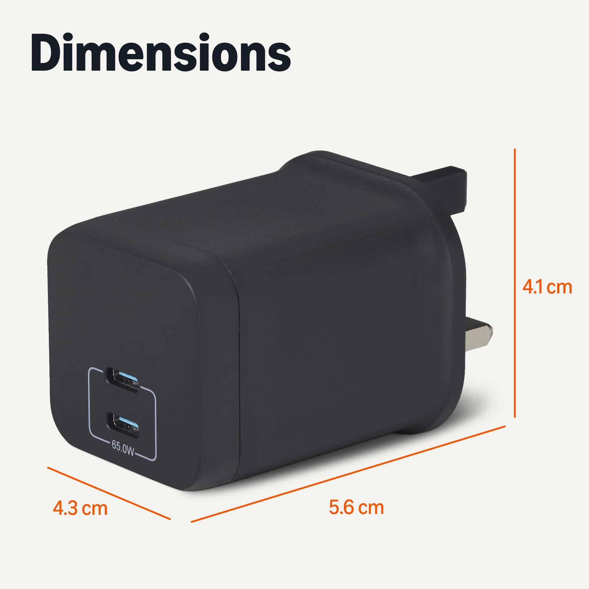 Amazon Basics Fast Charging USB C Nano GaN Wall Charger, 65W 2-Port for Laptops, Tablets, Phones, Black — view 5