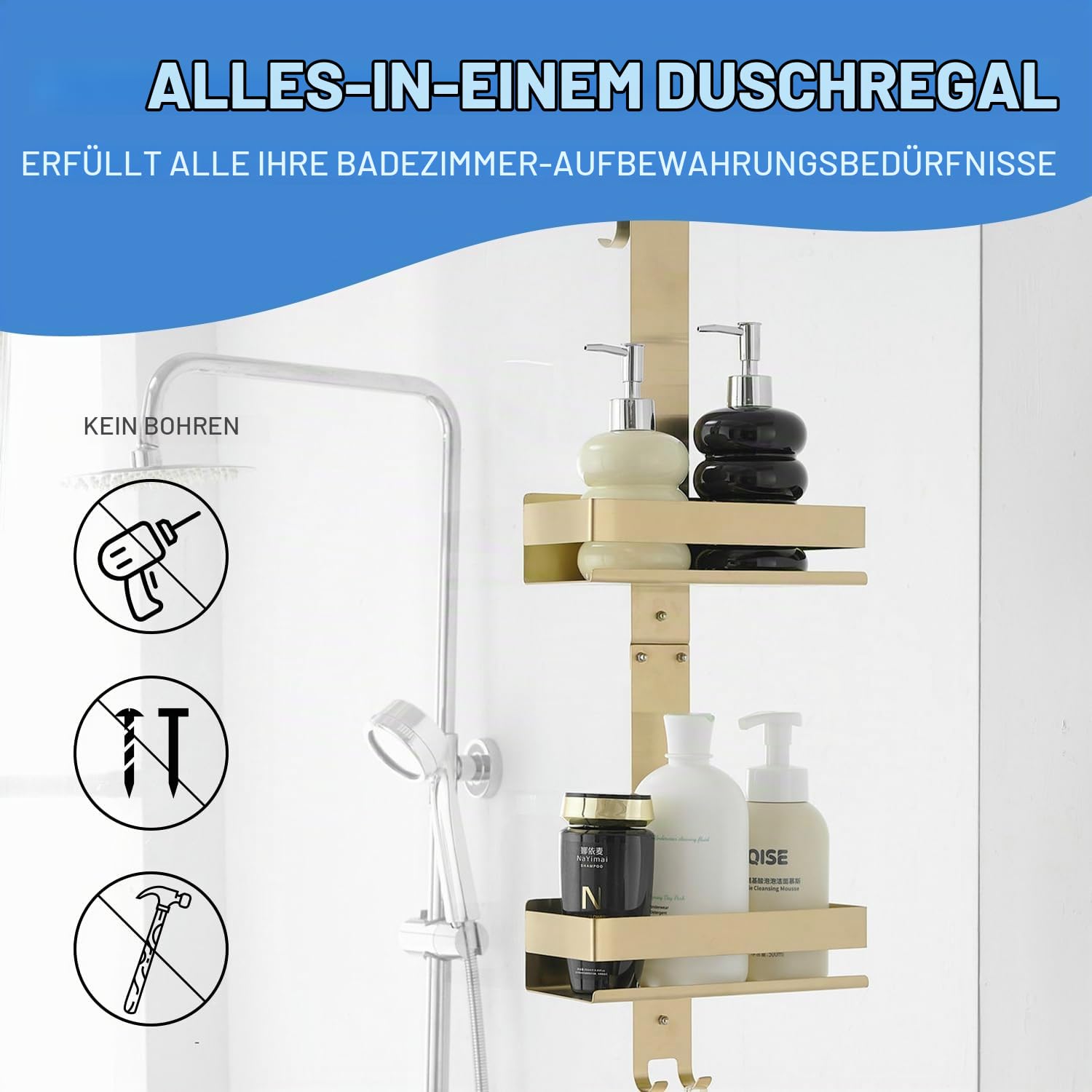 Duschablage zum Hängen Gold, Duschablage 0hne Bohren aus Edelstahl SUS304, Shampoo Duschgel Halterung für Dusche