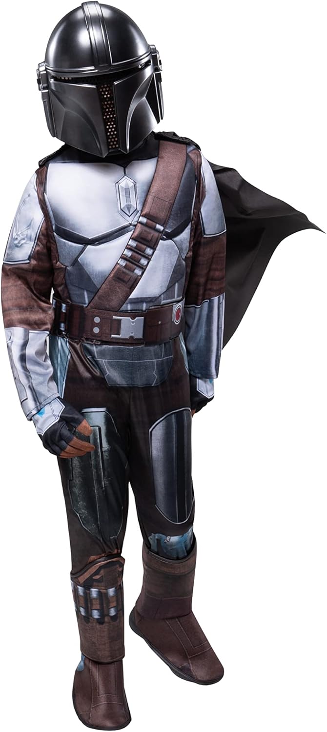 STAR WARS THE MANDALORIAN HALLOWEEN COSTUME FOR KIDS - Dlx Powerwall Jumpsuit w/Printed Design   Gloves, Cape, & 3D Headpiece