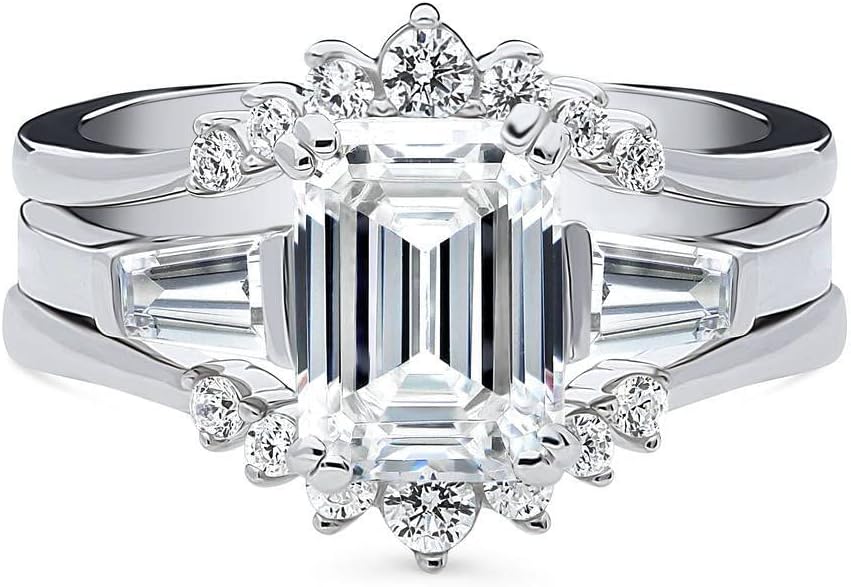BERRICLE Sterling Silver 3-Stone Wishbone 7-Stone Engagement Rings Statement Stackable Band for Women, 2.1 Carat Emerald Cut Cubic Zirconia CZ Ring Set