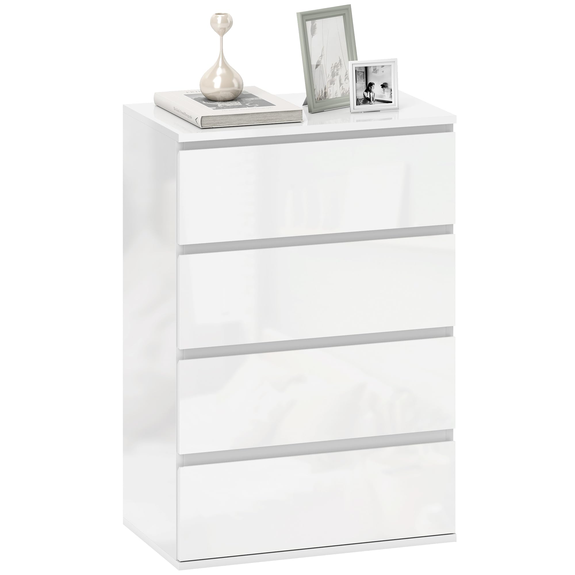 HOMCOM High Gloss Chest of Drawers, Modern 4 Drawer Dresser with Soft Closing Mechanism for Bedroom, White