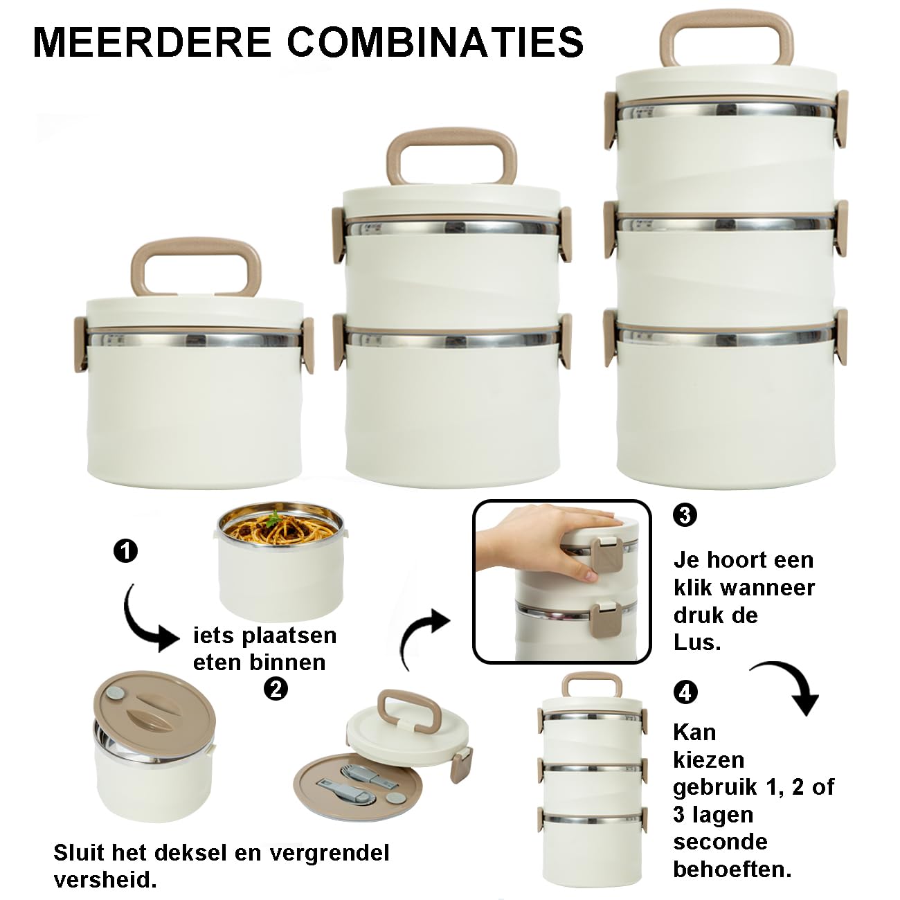 Stapelbare RVS Thermisch Compartiment Lunch-Snackbox 3-Tier Geïsoleerde