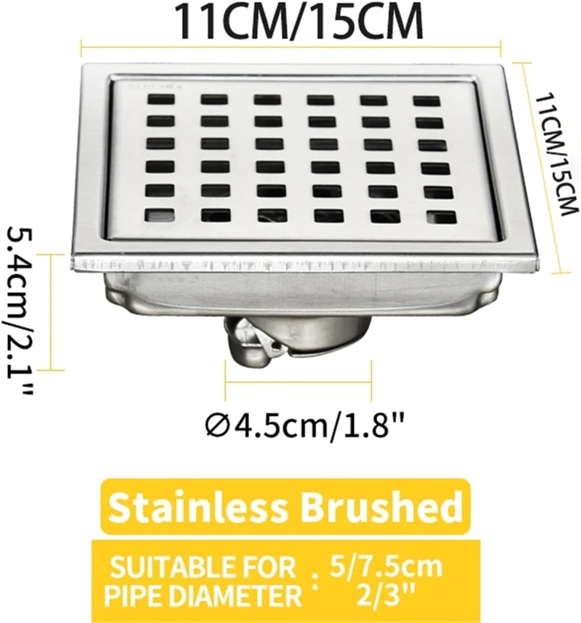 Shower Floor Drain Square Anti-Odor Stainless Steel Lattice Faster Drain Removable Pattern Grate Drain for Shower Room Pool(Brushed 02,110mm)