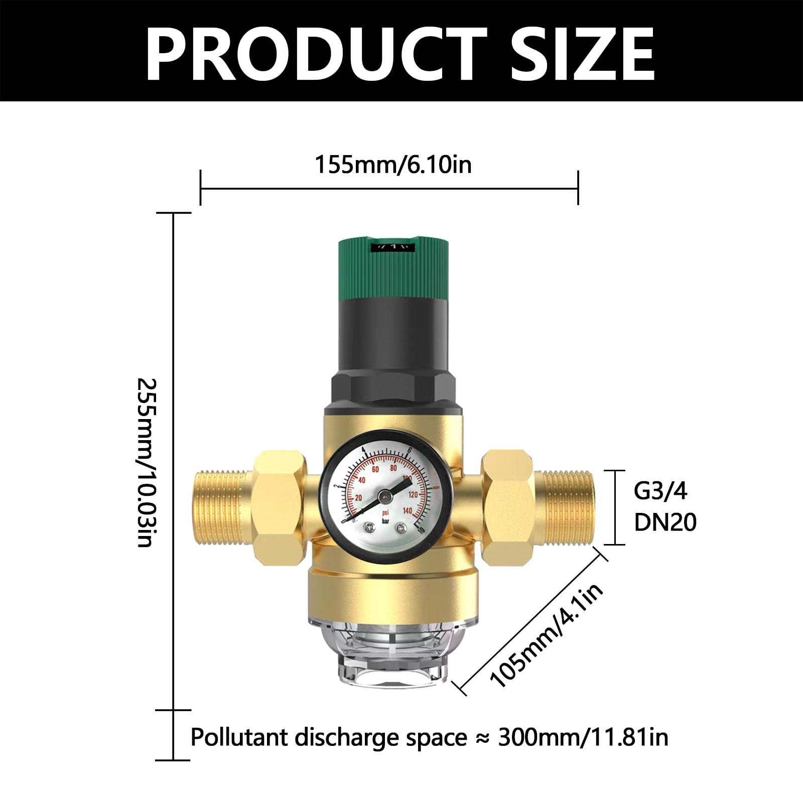 Drukregelaar water, 1/2 inch waterdrukregelaar met waterdrukmeter en zelfreinigend zeeffilter, wateroverdrukventiel van messing voor het regelen van de waterdruk