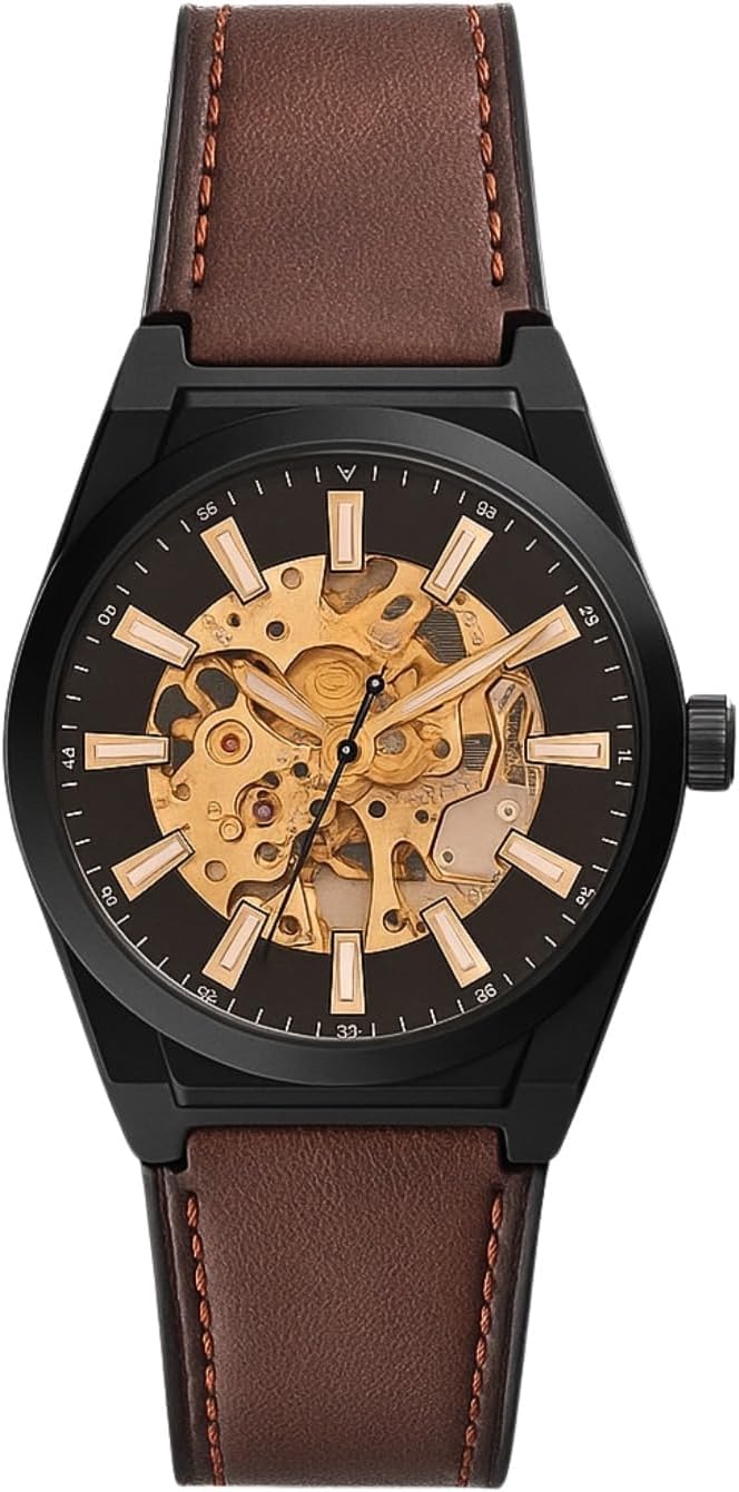 Luxury Men’s Automatic Skeleton Watch | Self-Winding Mechanical Analog Watch with Brown Leather Strap, Black Case & Golden Transparent Dial | for Man