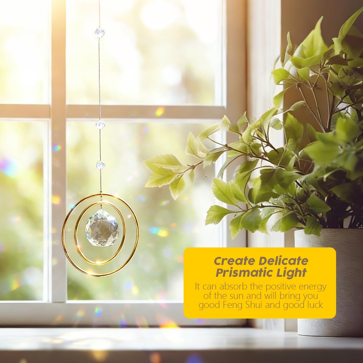 Sonnenfänger Kristall für Fenster, Sonnenfänger mit Kristallprisma, Kristall Sonnenfänger mit 2 Messingkreisen, Hängend Suncatcher Kristall für Hängende Wohnzimmer, Balkon und Garten - 5