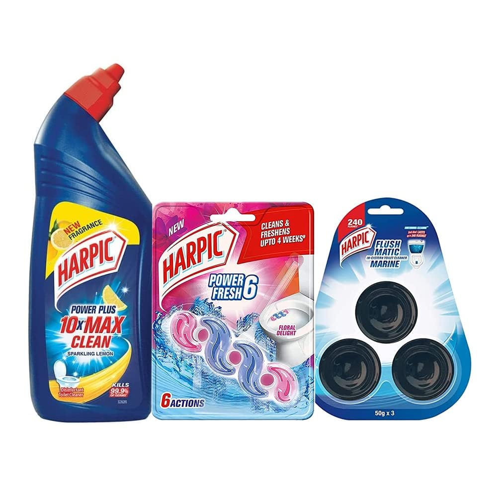 Harpic Disinfectant Toilet Cleaner Liquid, Lemon 1 L & Flushmatic In