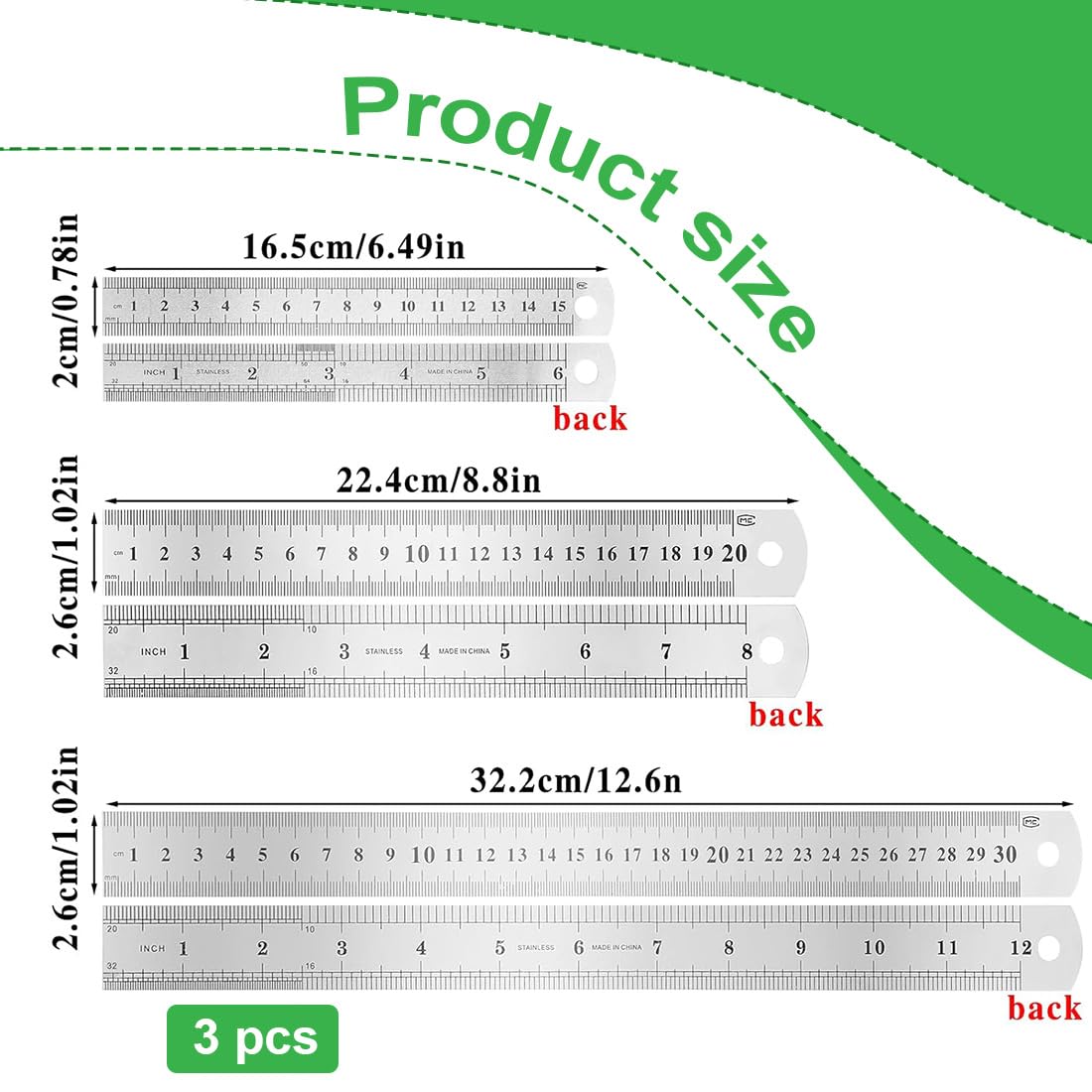 Set 3 Righelli In Acciaio Inox - 15cm, 20cm, 30cm Con Doppia Scala Metrica E Imperiale - Foto 8