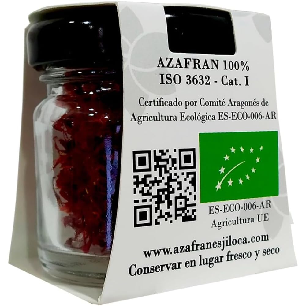 Azafrán en Hebras Ecológico Español (Cat. I - ISO 3236). Sabor en Estado Puro. Especias para cocinar. Azafrán de Última Cosecha en Bote de Cristal (1, 1gr)