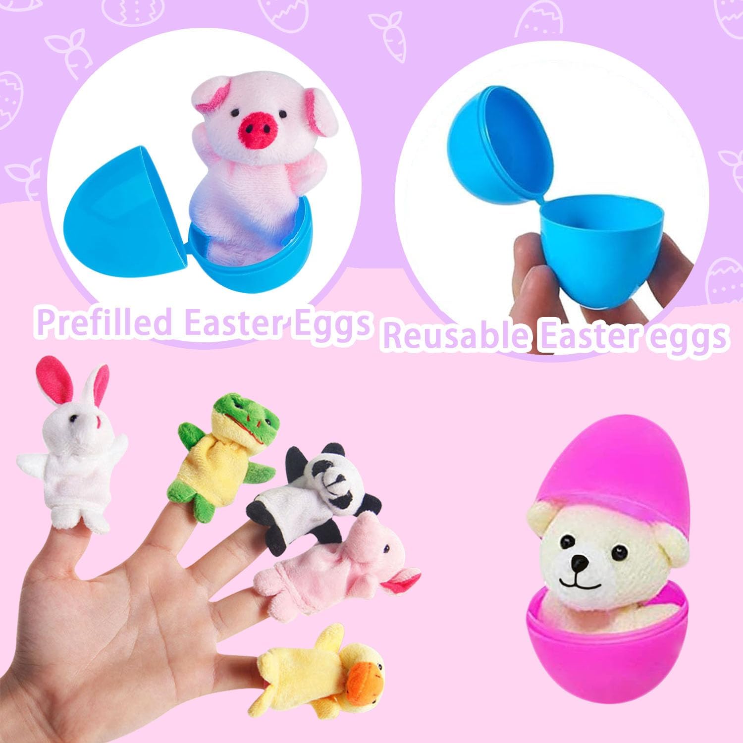 20 Pcs Prefilled Easter Eggs Filled with Animal Finger Puppets, Easter Basket Stuffers Prefilled Mini Finger Plush Easter Eggs Hunt Party Favors Surprise Easter Gifts