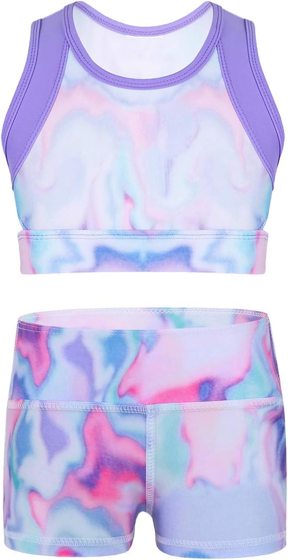 Nimiya Kids Girls Two Piece Active Sports Outfit Crop Top Bra with Shorts Set Gymnastics Leotard Dancing Workout