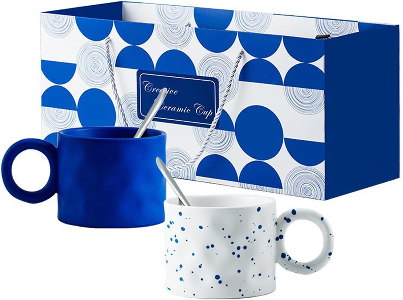 Creative Coffee Cup Set of 2, Novelty Klein Blue Mug for Cappuccino, Latte, Espresso, Milk, Home/Office Ceramic Cup with Unique Handle and Gift Wrap, Blue and White - 450ML