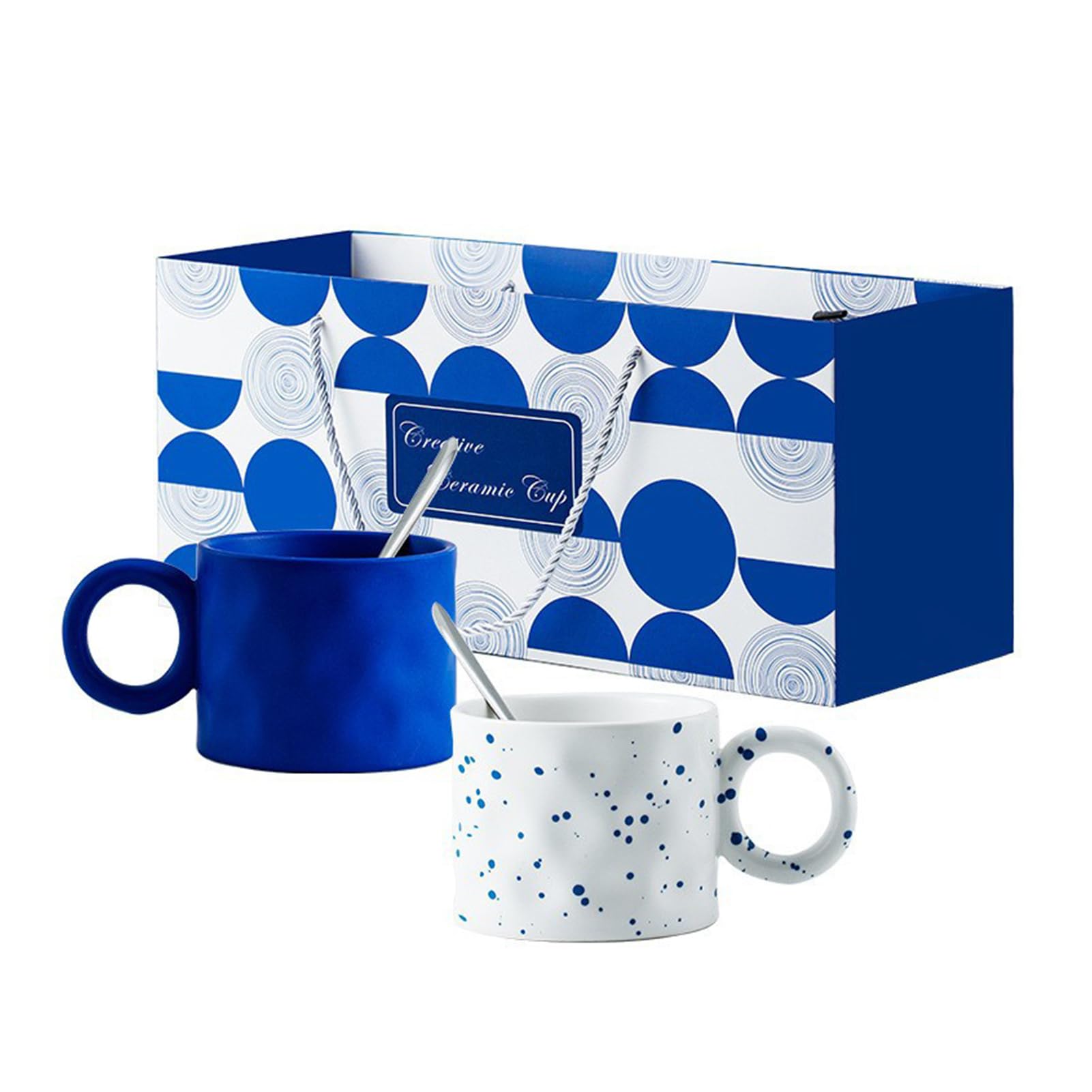 VAODO Creative Coffee Cup Set of 2, Novelty Klein Blue Mug for Cappuccino, Latte, Espresso, Milk, Home/Office Ceramic Cup with Unique Handle and Gift Wrap, Blue and White - 450ML