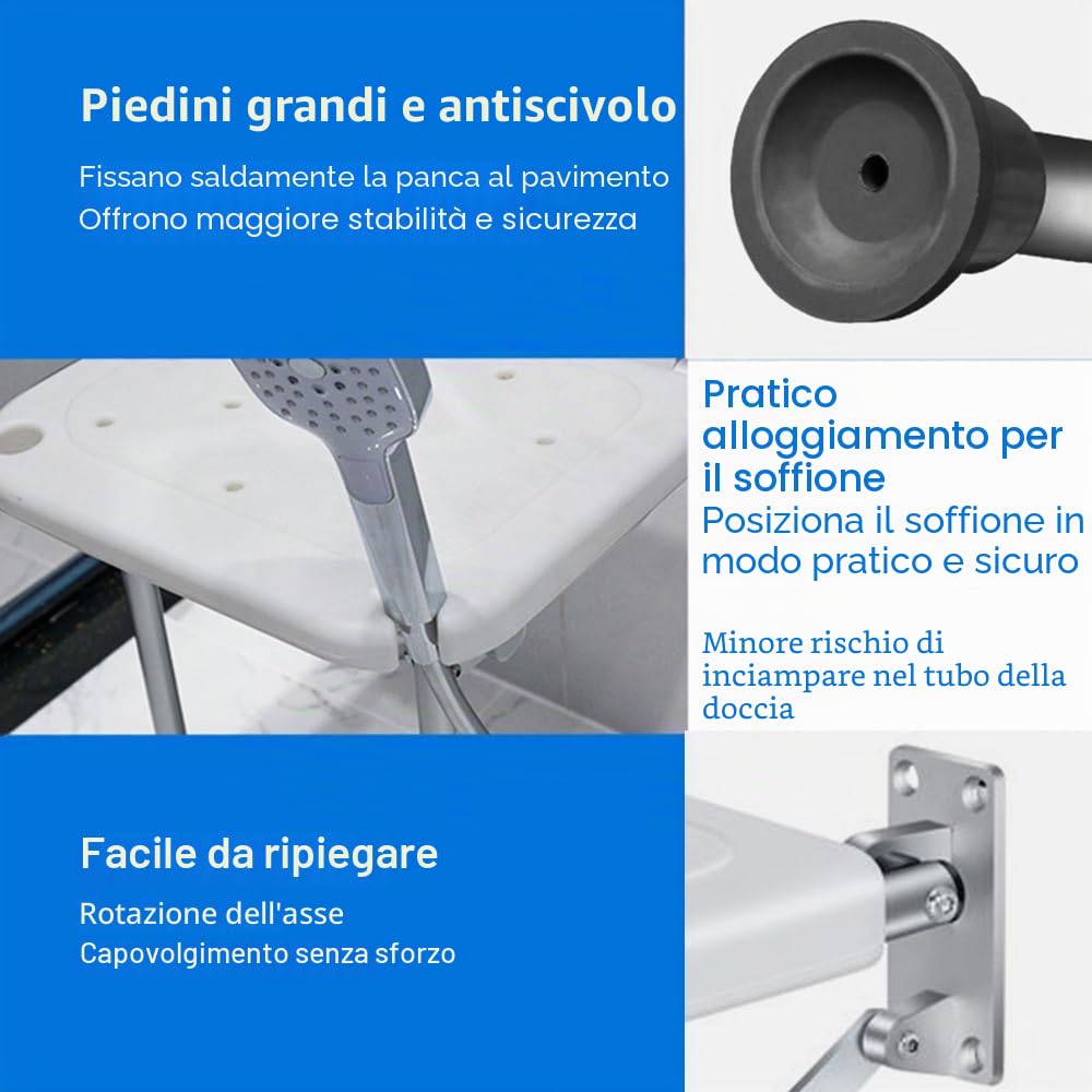 Sgabello da doccia pieghevole, montaggio a parete, sgabello da bagno avvitato con piedini antiscivolo, foro di scarico, fessura per soffione doccia per anziani con disabilità, 42-53 mm