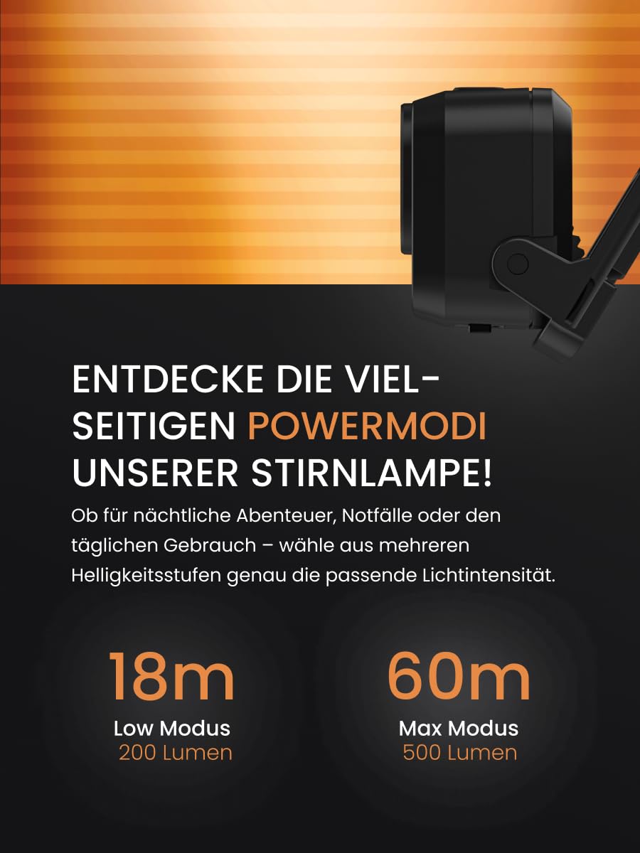 Duracell Lampe frontale LED DH500R Core – 500 lumens, focalisable, portée de 40 m, fonction lumière rouge, rechargeable USB-C, batterie au lithium, différents modes d'éclairage, ergonomique